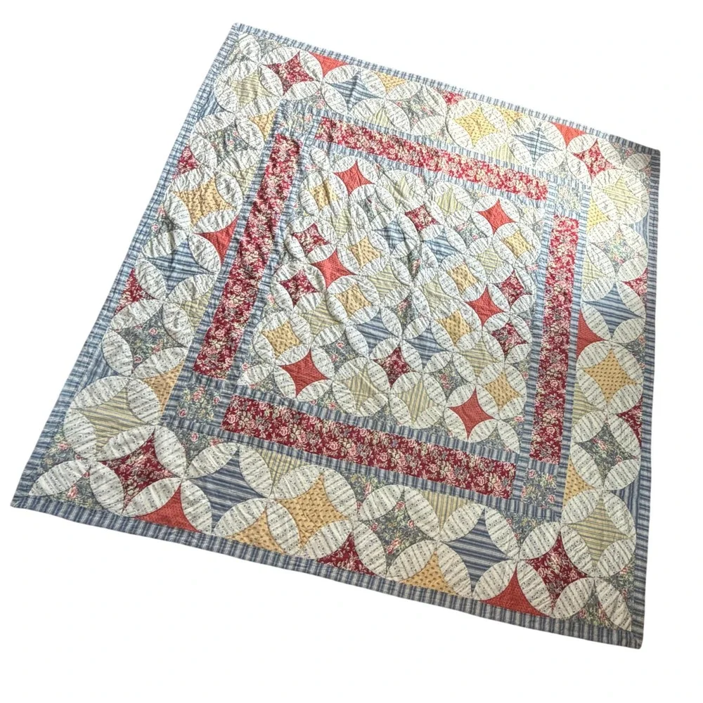 Amish Hand Stitched Cathedral Window Patchwork Quilt Red Yellow Floral 87x84